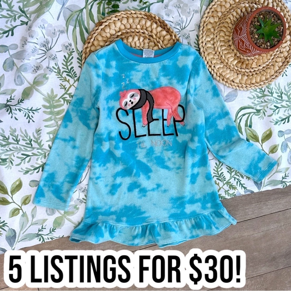 Members Mark Little Girl Blue Tie-Dye Nightgown Sloth Print Pajamas Fleece